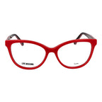 Love Moschino red acetate eyeglass frames with bold design and clear lenses, stylish and lightweight for everyday wear.