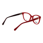 Red acetate glasses frames by Love Moschino featuring bold, stylish design and clear lenses, perfect for a fashionable look.
