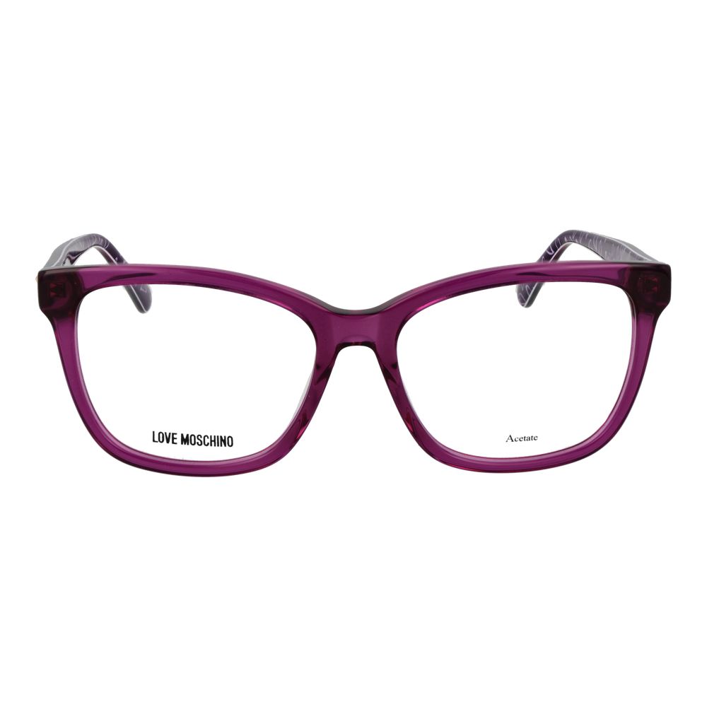 Love Moschino purple acetate glasses frames with bold square design and clear lenses on a white background.