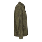 Mr&Mrs Italy green viscose men's shirt laid flat, showing collar, buttons, and long sleeves, made from lightweight, breathable fabric.
