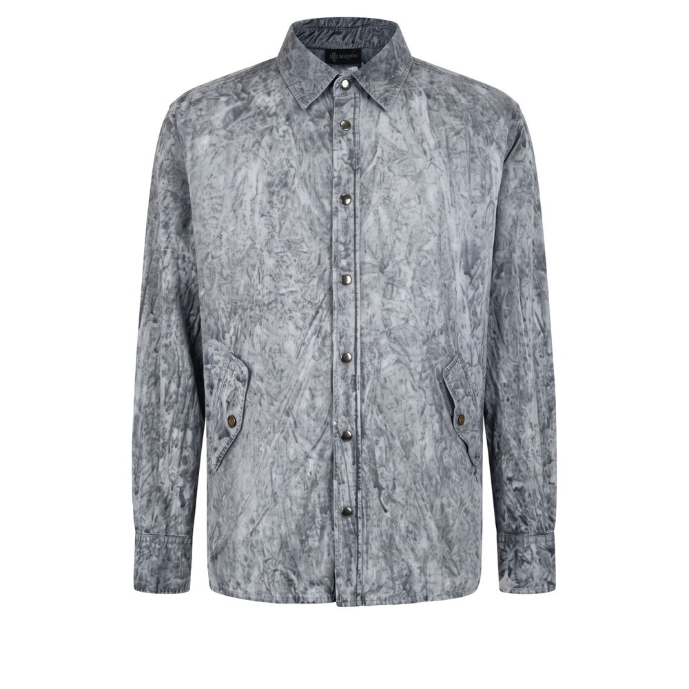 Grey viscose men's shirt from Mr&Mrs Italy featuring a classic fit and button-down collar, displayed on a hanger.