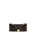 Versace brown calf leather Bos Taurus clutch bag with sleek design and gold-tone hardware on a white background.