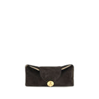 Versace brown calf leather Bos Taurus clutch bag with sleek design and gold-tone hardware on a white background.