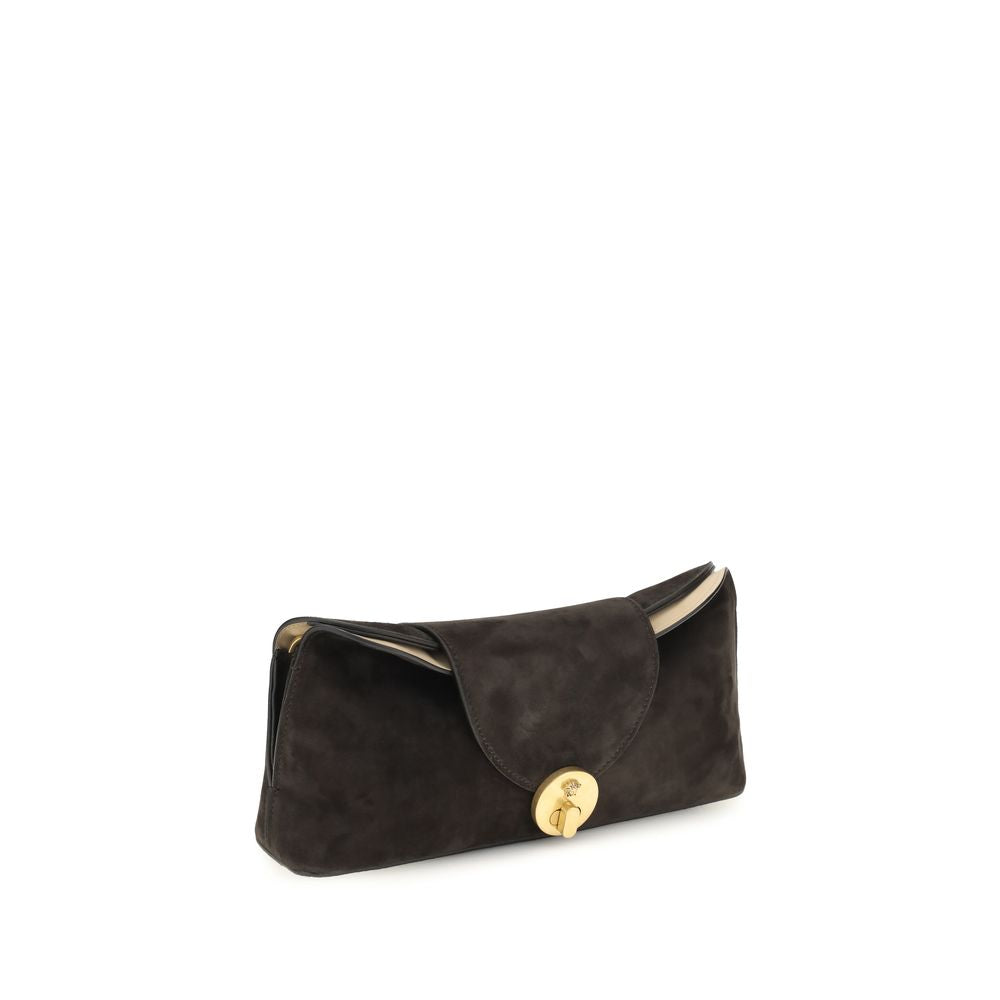 Versace brown calf leather Bos Taurus clutch bag with gold-tone hardware and sleek design.