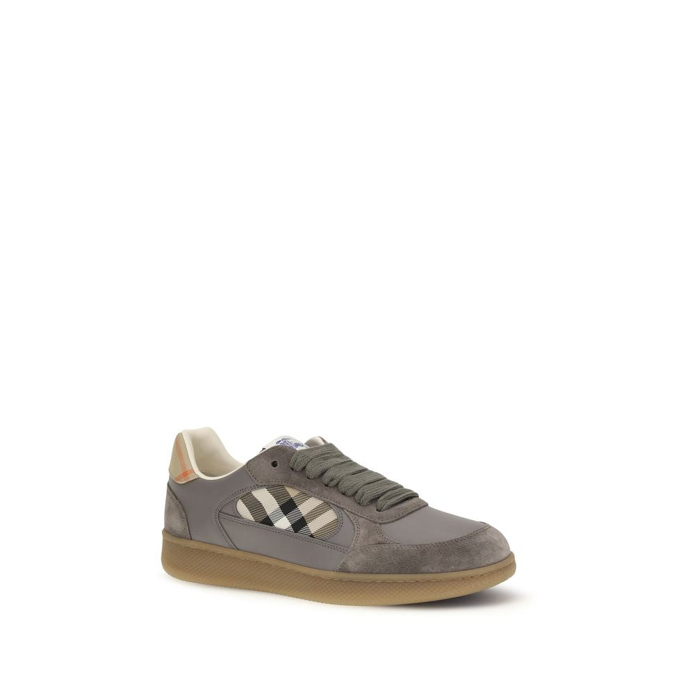 Burberry gray calf leather Bos Taurus low top sneakers with white soles and subtle branding on the side.