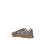 Gray calf leather Burberry Bos Taurus low top sneakers with white soles and subtle branding.