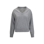 Gray Brunello Cucinelli cashmere sweater with a soft knit texture, featuring a classic round neckline and subtle branding details.