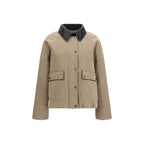 Beige Brunello Cucinelli cotton full-length jacket displayed on a hanger, showcasing its elegant design and tailored fit.