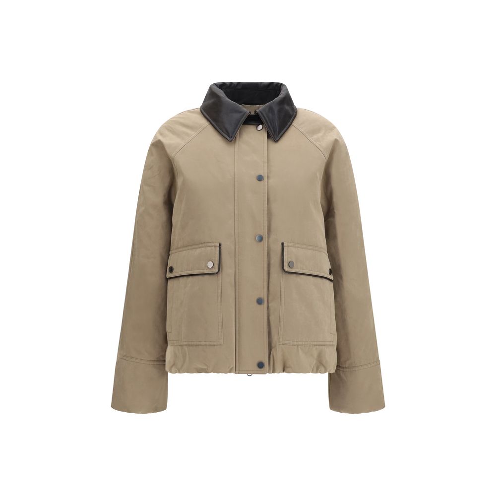 Beige Brunello Cucinelli cotton full-length jacket displayed on a hanger, showcasing its elegant design and tailored fit.
