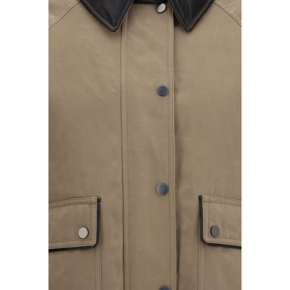 Beige Brunello Cucinelli cotton full-length jacket displayed on a hanger, showcasing sleek, casual outerwear for men.