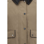 Beige Brunello Cucinelli cotton full-length jacket displayed on a hanger, showcasing sleek, casual outerwear for men.