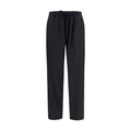 Black MM6 polyester casual pants with a relaxed fit and minimalist design, shown on a model.