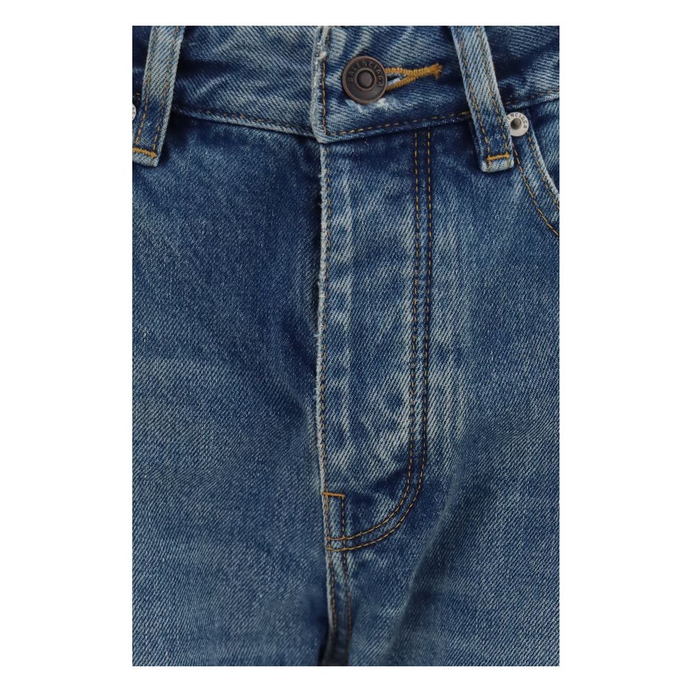 Balenciaga blue cotton straight-leg jeans displayed on a hanger, showcasing classic denim with clean stitching and a relaxed fit.