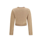 Chloé beige wool Oves Aries cardigan with button details and ribbed cuffs, displayed on a neutral background.