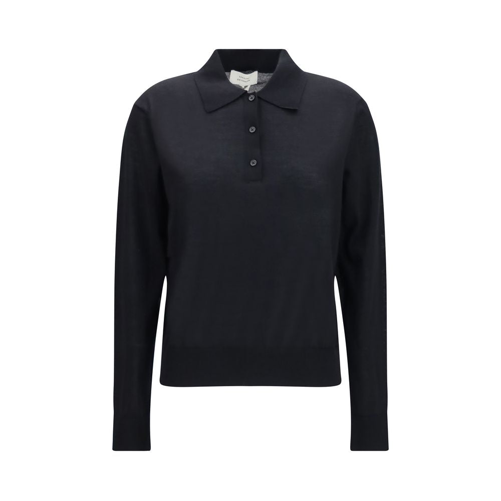 Black cashmere dress shirt by Loulou De Saison, featuring a classic collar and button-front design, displayed on a hanger.