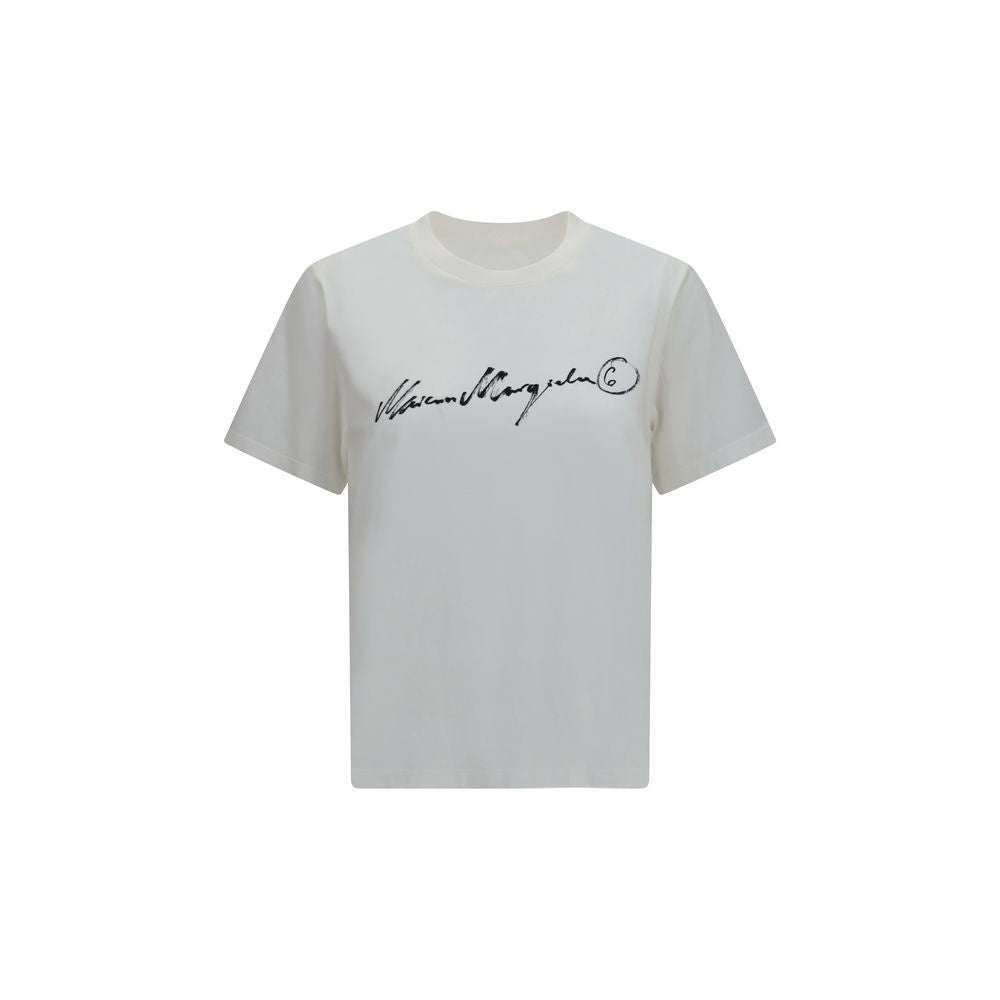 White cotton T-shirt from MM6 featuring a classic fit and minimal design, displayed on a plain background.