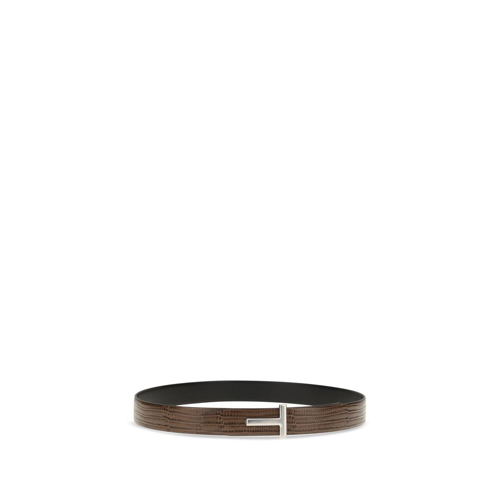 Tom Ford brown calf leather Bos Taurus belt with sleek design and polished buckle, displayed flat on a neutral background.
