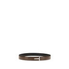 Tom Ford brown calf leather Bos Taurus belt with sleek design and polished buckle, displayed flat on a neutral background.