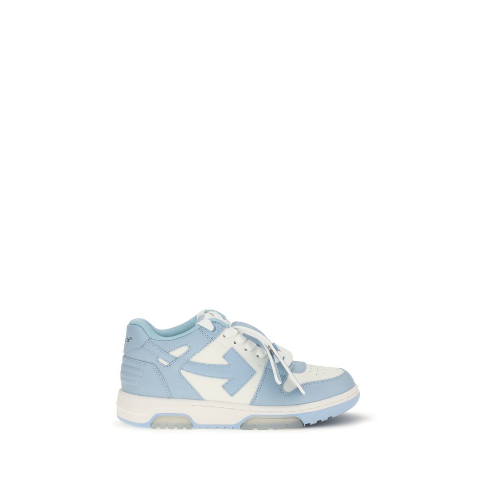 Off-White Blue Calf Leather Bos Taurus Sneakers with stylish design and quality leather, shown in a close-up image.
