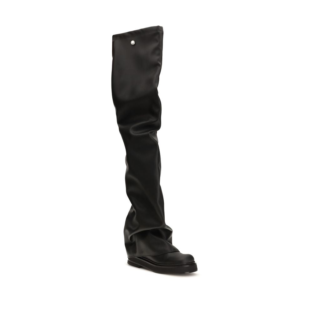 Black polyurethane over-the-knee boots by The Attico, featuring a sleek design and high shaft length.