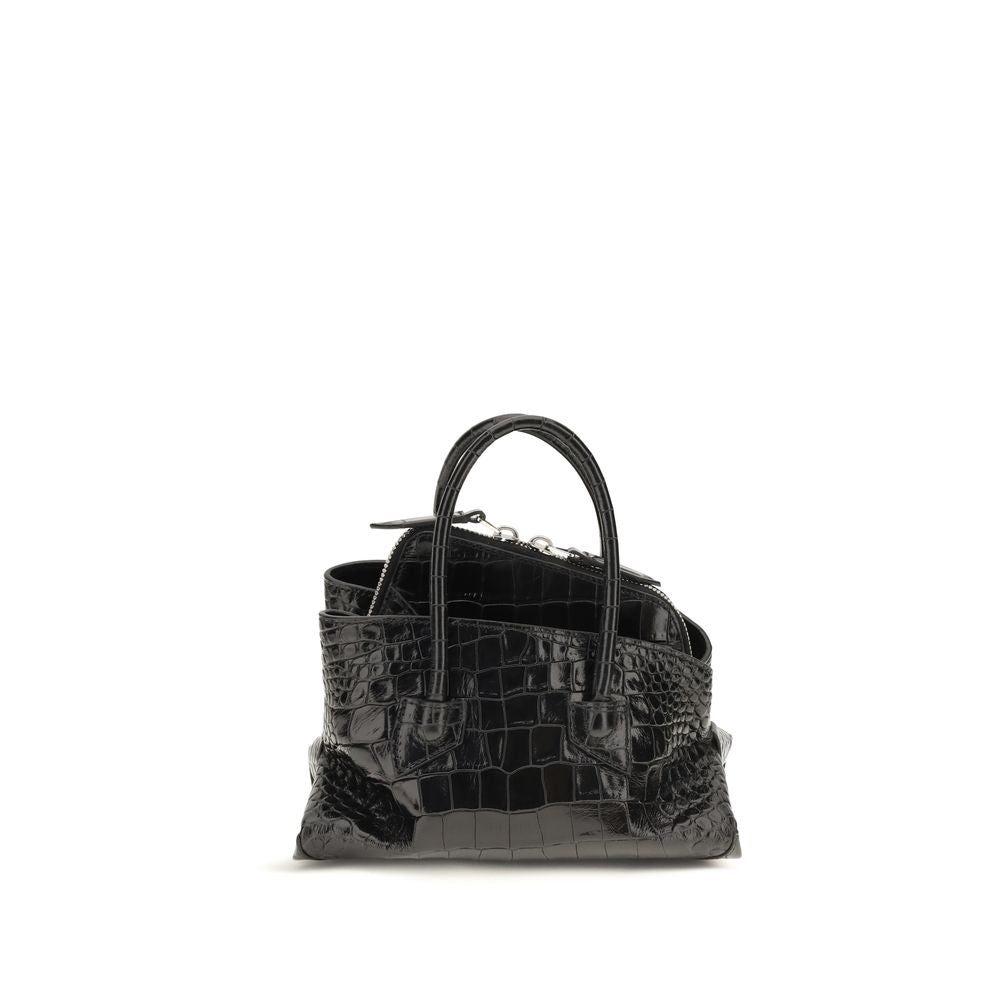 Black calf leather Bos Taurus handbag by The Attico with structured design and top handle, showcasing elegant craftsmanship.