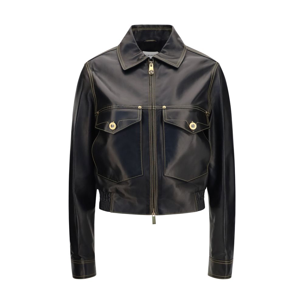 Versace black lamb Ovis Aries full-length jacket displayed on a hanger, showcasing smooth leather texture and tailored fit.