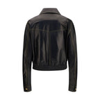 Versace black lamb ovis Aries full-length jacket with tailored fit and luxurious leather texture, stylish and elegant outerwear.