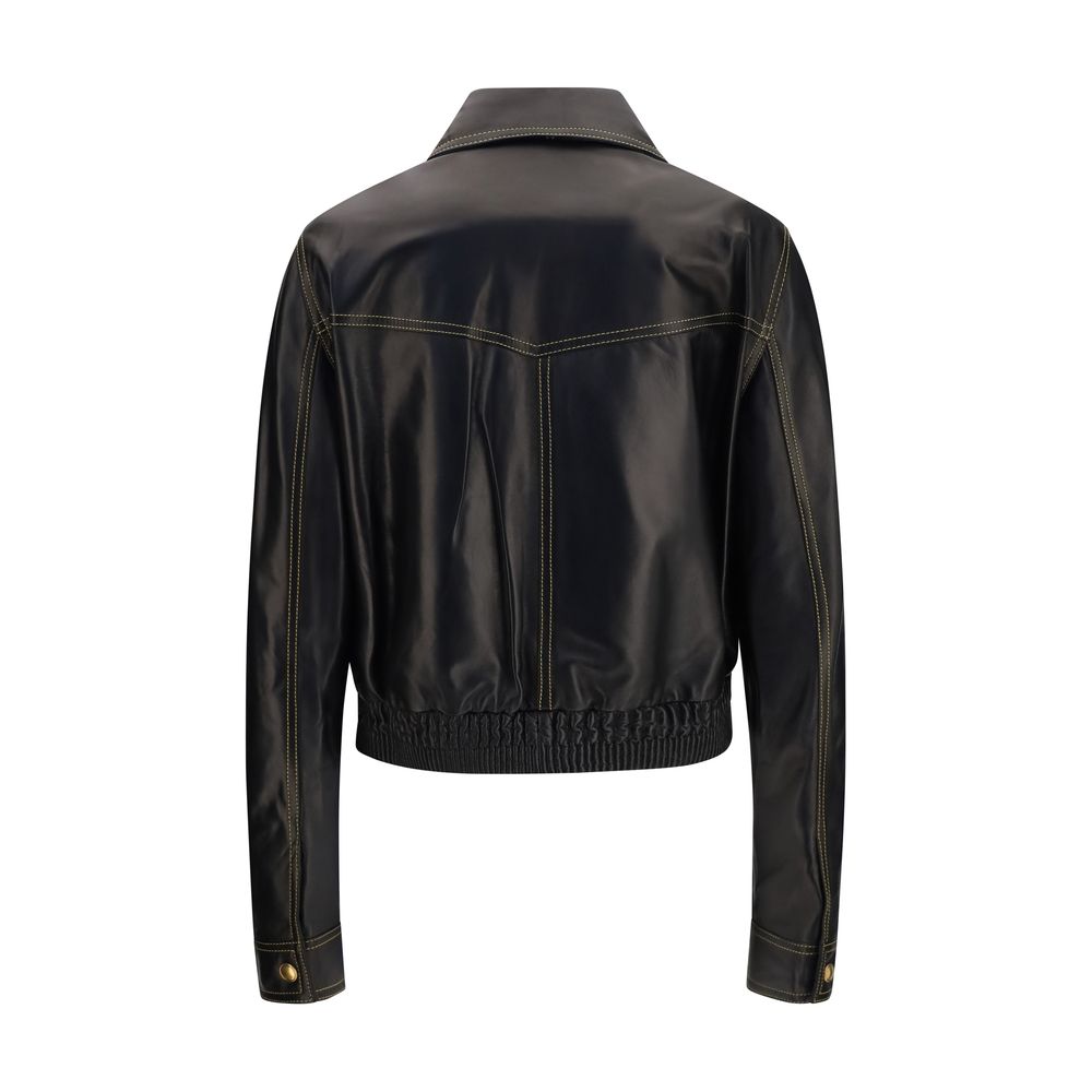 Versace black lamb ovis Aries full-length jacket with tailored fit and luxurious leather texture, stylish and elegant outerwear.