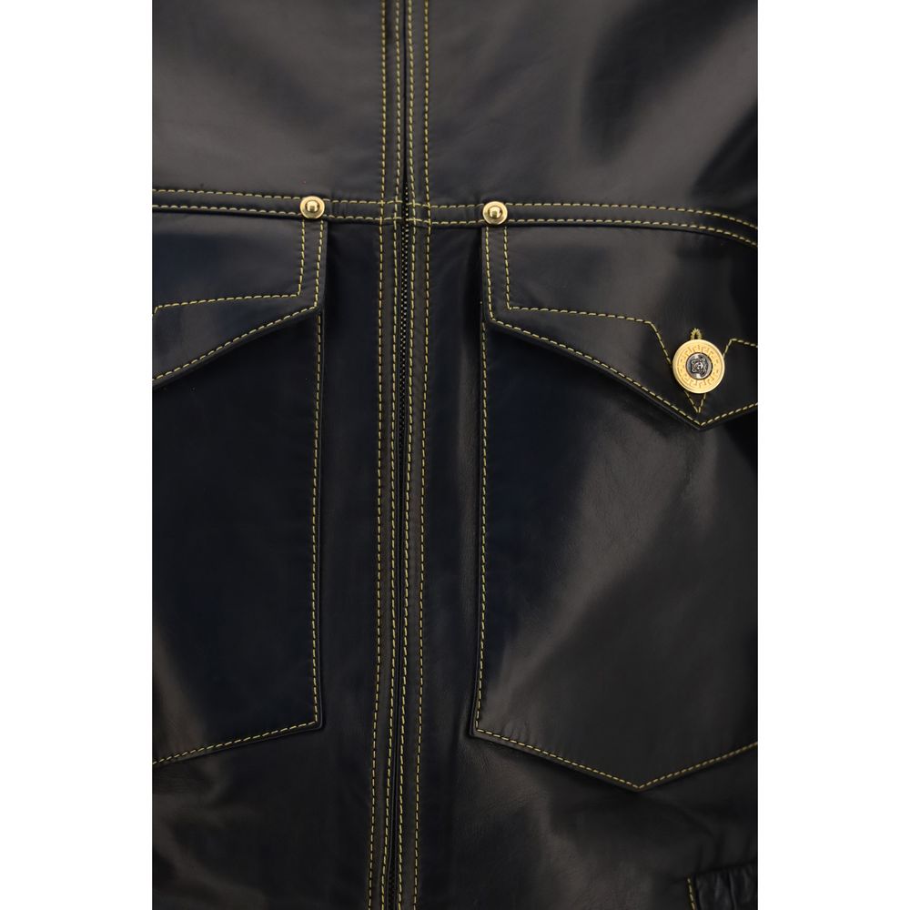 Versace black lamb Ovis Aries full-length jacket shown on a model, featuring sleek design and luxurious leather fabric.