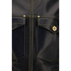 Versace black lamb Ovis Aries full-length jacket shown on a model, featuring sleek design and luxurious leather fabric.