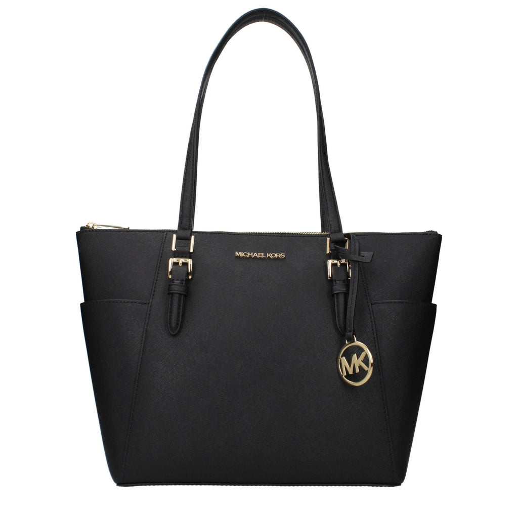 Black leather Michael Kors shoulder bag with gold-tone hardware and adjustable strap, featuring a sleek, structured design.