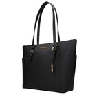 Michael Kors black leather shoulder bag with gold hardware, featuring a sleek design and spacious interior.