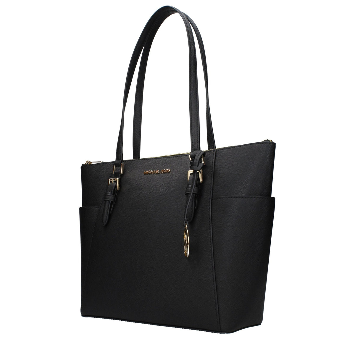 Michael Kors black leather shoulder bag with gold hardware, featuring a sleek design and spacious interior.