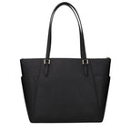 Black leather shoulder bag by Michael Kors with silver hardware and adjustable strap, featuring a sleek, structured design.