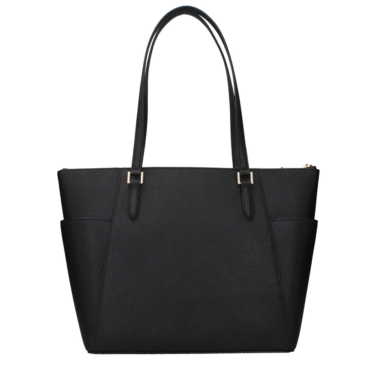 Black leather shoulder bag by Michael Kors with silver hardware and adjustable strap, featuring a sleek, structured design.