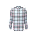 Burberry blue cotton patterned shirt with classic design and button-down front, displayed on a neutral background.