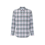 Burberry blue cotton patterned shirt with classic design and button-down front, displayed on a neutral background.