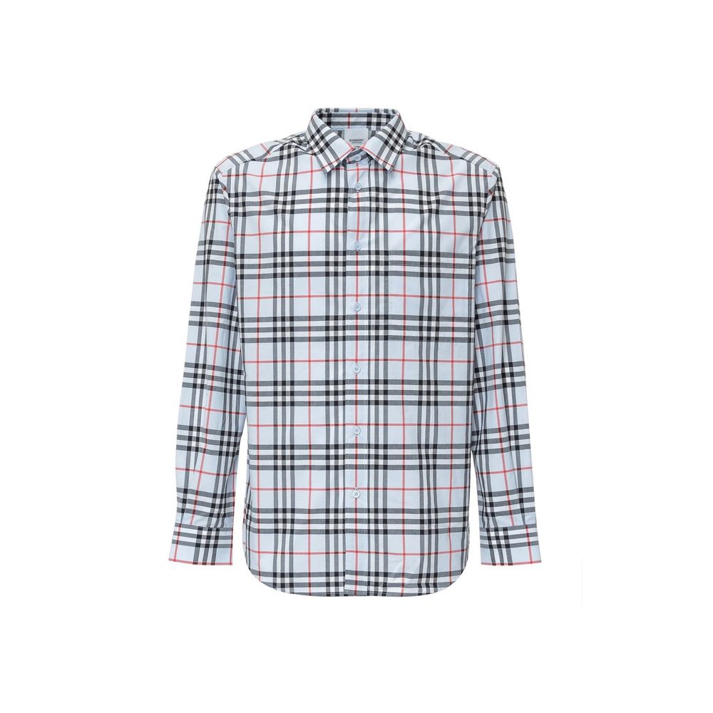 Burberry blue cotton patterned shirt with classic design and button-down front, displayed on a neutral background.