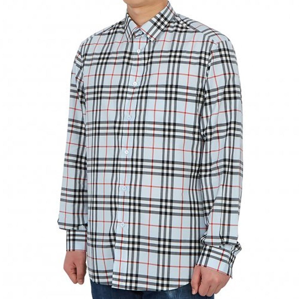 Burberry blue cotton pattern shirt with classic check design, long sleeves, and a button-down collar.