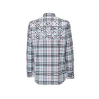 Burberry blue cotton patterned shirt with classic check design, long sleeves, and collar, displayed on a hanger.