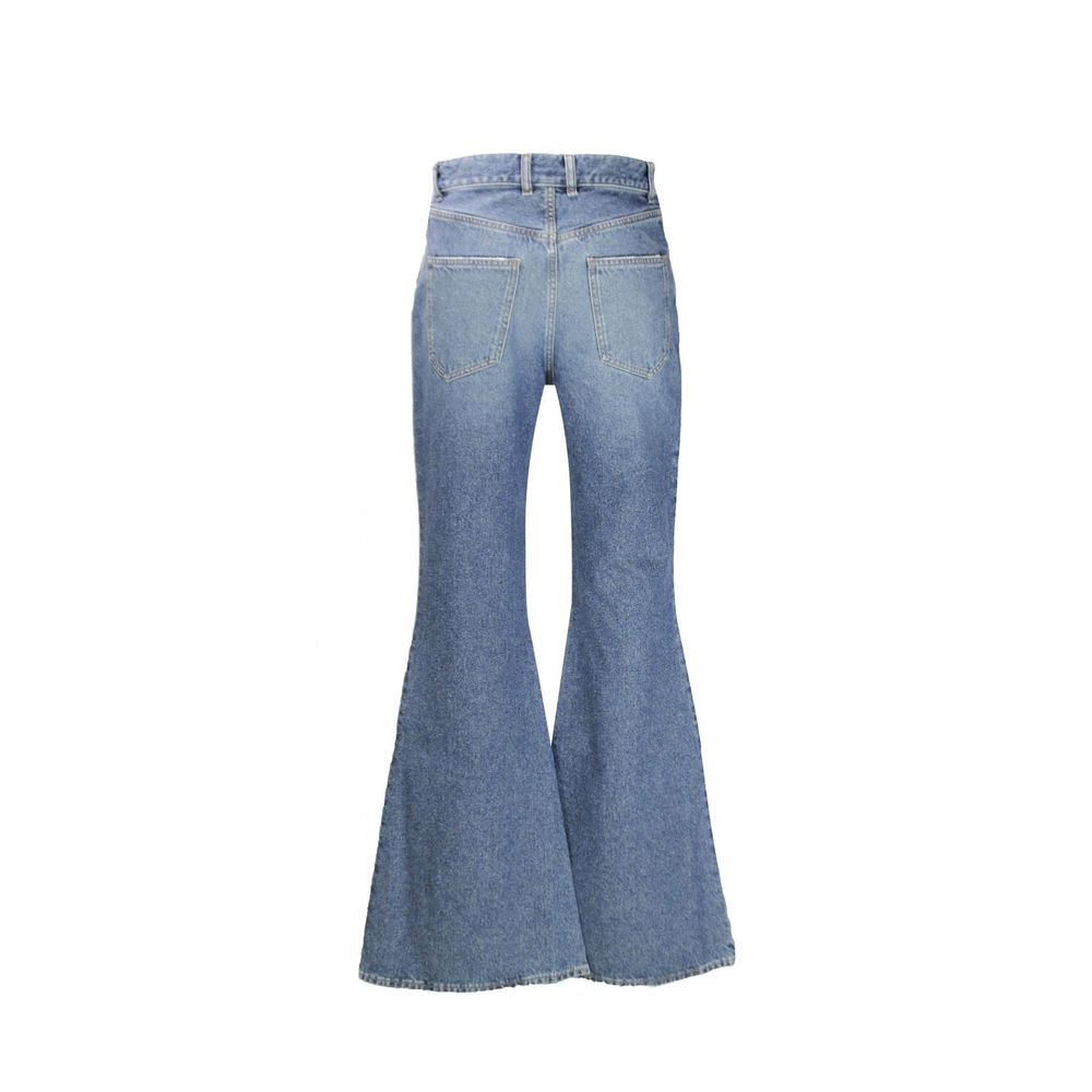Chloé blue cotton flared jeans with a high waist and wide-leg design, displayed on a hanger against a neutral background.