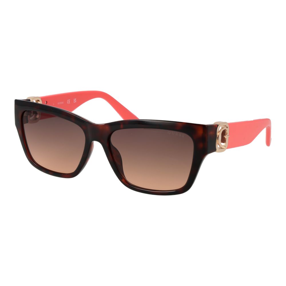 Guess brown plastic sunglasses with rounded frames, stylish design, and dark lenses for sun protection.