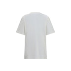 White cotton Gucci T-shirt with classic logo design, short sleeves, and crew neckline, laid flat on a neutral background.