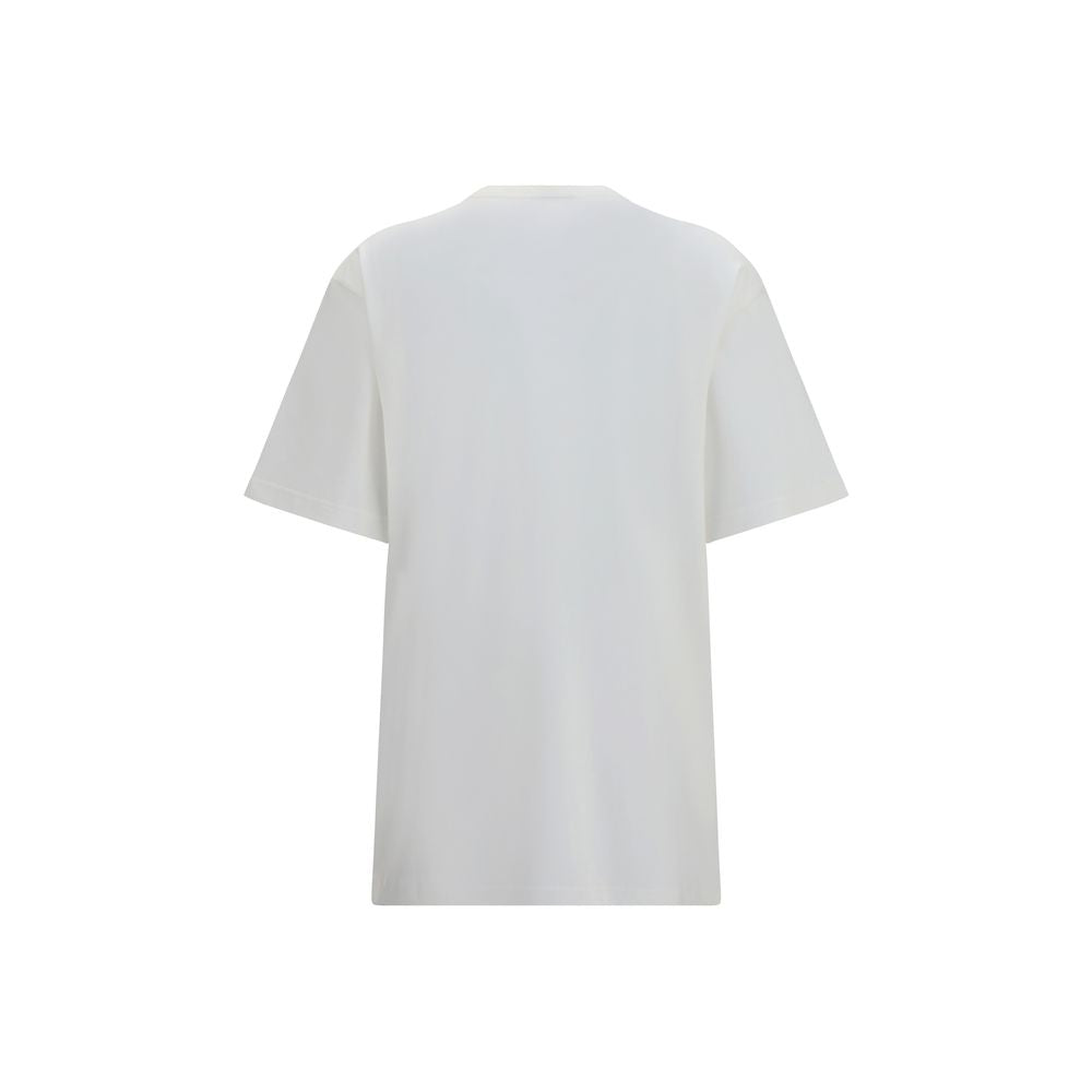 White cotton Gucci T-shirt with classic logo design, short sleeves, and crew neckline, laid flat on a neutral background.