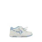 Off-White white calf leather Bos Taurus athletic sneakers with modern design and sporty style, shown from a side view.