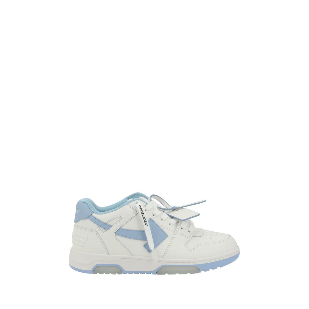Off-White white calf leather Bos Taurus athletic sneakers with modern design and sporty style, shown from a side view.