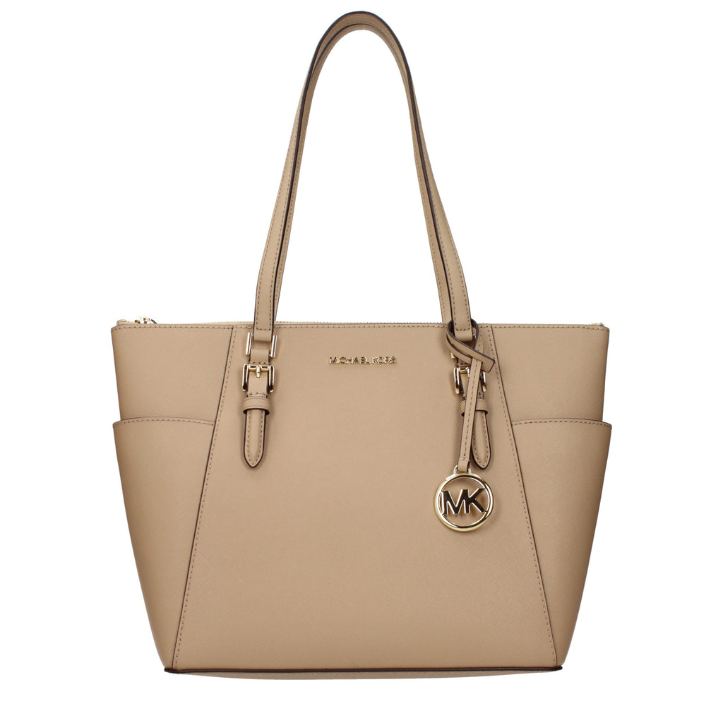 Beige leather Michael Kors shoulder bag with gold-tone hardware, stylish and spacious for everyday use.