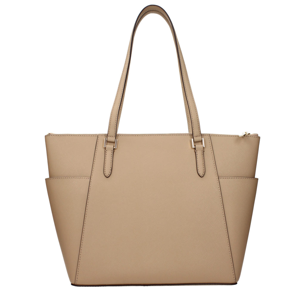 Michael Kors beige leather shoulder bag with gold-tone hardware and adjustable strap, stylish and spacious for everyday use.