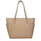 Michael Kors beige leather shoulder bag with gold-tone hardware and adjustable strap, stylish and spacious for everyday use.