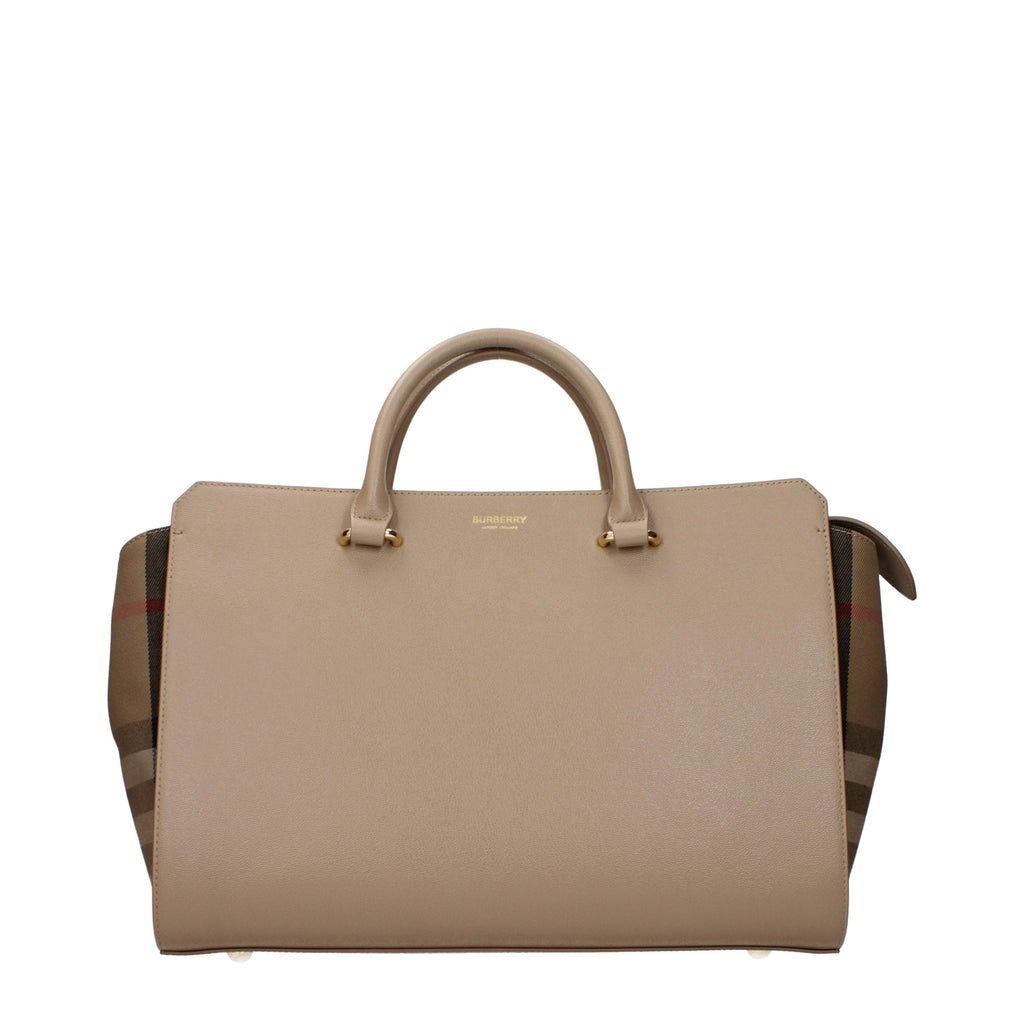 Burberry beige leather handbag with structured design and top handles, featuring signature check pattern and gold-tone hardware.